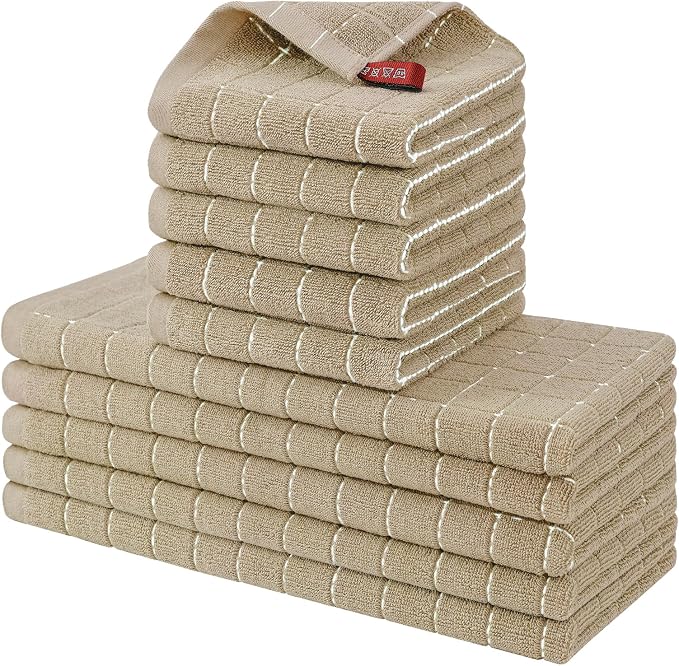 Homaxy Kitchen Towels and Dishcloths Set, 12 x 12 and 13 x 28 Inches, Set of 10 Bulk Cotton Terry Kitchen Towels Set, Checkered Designed, Soft and Super Absorbent Dish Towels, Tan