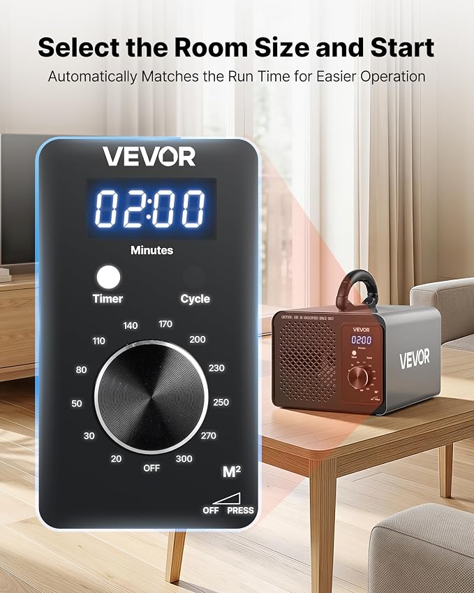 VEVOR Ozone Generator, 36000mg/h Commercial Ozone Machine, 15s Delayed Start & Timer & Rotary Encoder Knob & Odor-Treatment Cycle Mode, Industrial Deodorizer for Car, Smoke Odorss,Up to 3200 sq.ft