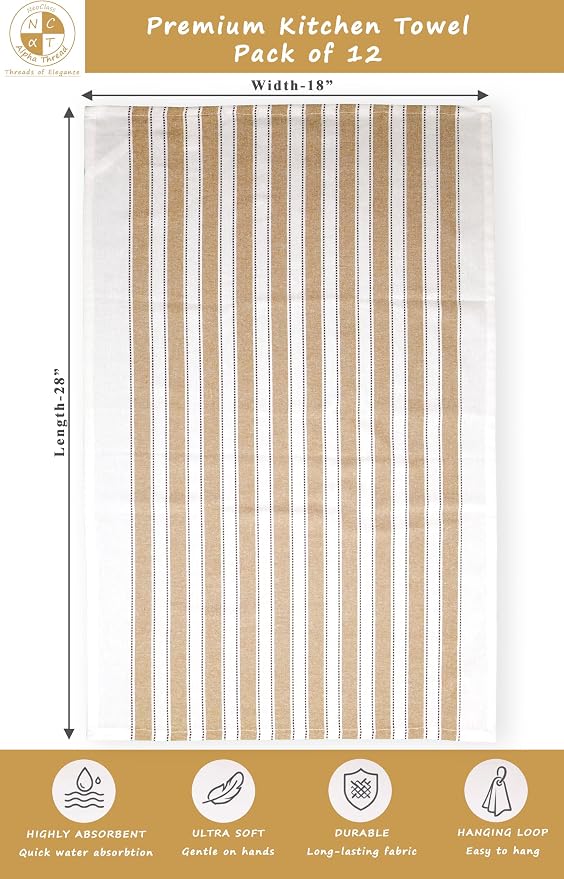 Pack of 12 Cotton Kitchen Towels Set, Dish Towels, Cleaning Rags, Kitchen Dish Cloths for Washing Dishes, Cotton Cleaning Cloths, Ultra Soft, Lightweight & Quick Dry, Flat Weave, 28"x18", Beige & Gray
