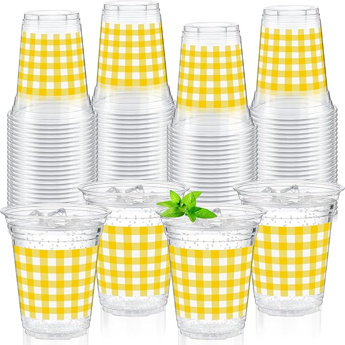 Qinyoung Checkered Plastic Cups 12oz Gingham Party Disposable Cups Bulk Drinking Cup for Cold Drinks Baby Shower Wedding Summer Birthday Party Supplies(Yellow and White,50 Pcs)