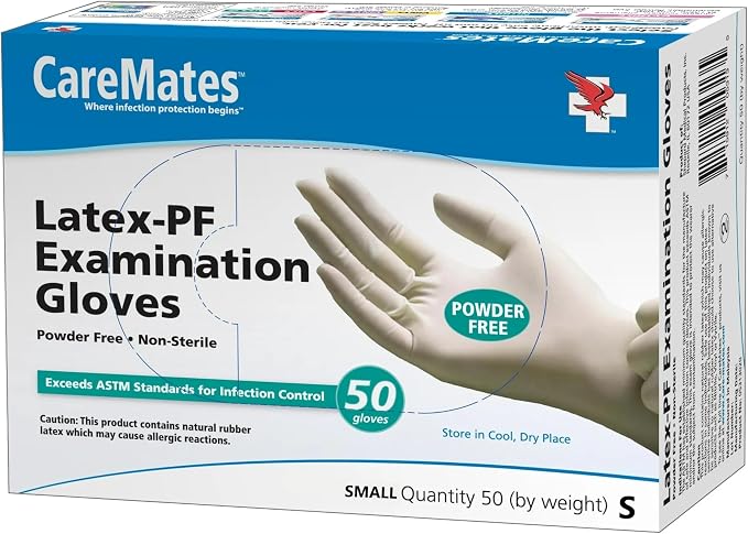 CareMates Latex Medical Exam Gloves, Powder Free, Extra Strong, 5 Mil Thick, Certified for Home Infusion, First Aid, Food Safe, Cleaning Gloves, Small, 50-Count