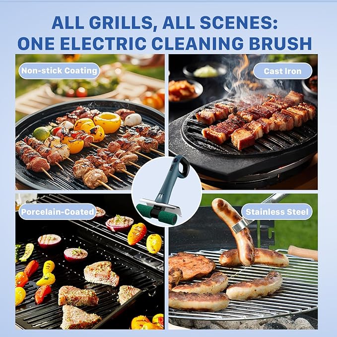 Hillyfe Electric Grill Brush, Bristle-Free Dual Rotating Heads, 450 RPM with LED Light, 120-Minute Runtime, IPX5 Waterproof, 4 Scouring Pads, Extended Handle, Safe for All Kinds of BBQ Grills, Blue