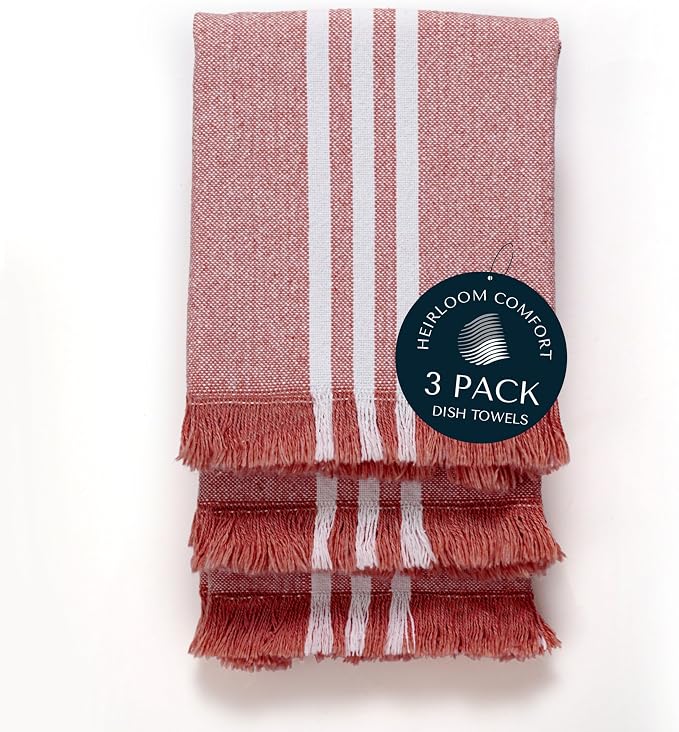Monochrome Stripe Dish Towels 3 Pack, 16x26 Inch, 100% Cotton, Decorative Fringes, Ultra Absorbent & Reusable, Quick Drying Kitchen Towels for Cleaning, Drying, Easy Care, Rust