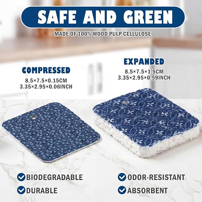 Hahafelt 36 Counts Compressed Cellulose Sponges Bulk Pop up Japanese Pattern Natural Kitchen Compostable Non Scratch Dish Sponges for Washing Dishes, Cleaning Countertop Sink