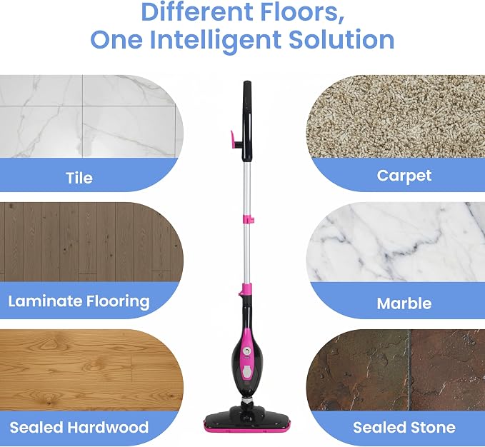 Simple Deluxe 10-in-1 Steam Mop, 1550W Detachable Handheld Steam Cleaner with 16FT Cord & 2 Pads, Multi-Surface Floor Steamer for Hardwood, Tile, Carpet, Windows, Pink