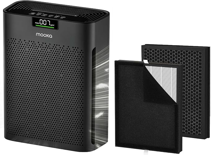 Air Purifier for Home Large Room 2200 Ft² KJ190H Black with 2-PACK Filter Replacement, MOOKA H13 True HEPA Air Purifiers Cleaner for Pets, Washable Filters, Auto Mode