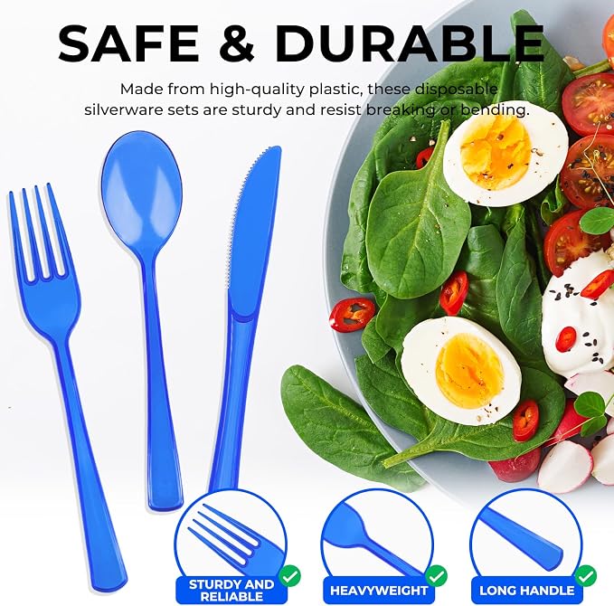 150 PCS Plastic Silverware Disposable Silverware Heavy Duty Utensil Sets 50 Of Each Forks Knives & Spoons Disposable Cutlery Set For Easter,Birthday,Baby Shower,Garden Party,Wedding(150,Blue)