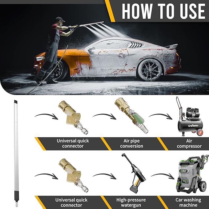 24" Radiator Cleaning Wand, 4500 PSI Water and Air Dual-Use Pressure Washer Tool, 180° Swivel, 4-Nozzle Fan Spray, 3 Quick Connect Adapters, AC Coil Cleaner for Car Truck SUV RV Engine Cooling