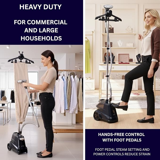 SALAV® Heavy Duty Smart Auto Shut-off Commercial Full-Size Garment Steamer, Beeping Alert when Water Runs out, Foot Pedal Control, XL 3L (101.5 oz) Tank, 1800 watts, 90+min of Continuous Steam, Navy