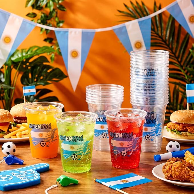 Jingmore 50 Pcs Soccer Plastic Cups 12 oz International Countries Soccer Disposable Plastic Cups Thick Clear Drinkware for Sports Games Party Supplies (Argentina)