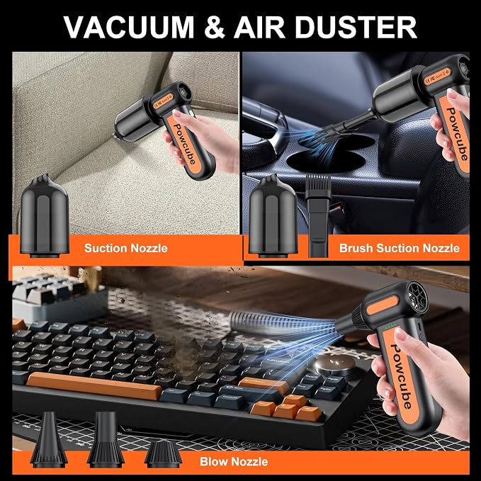 2-in-1 Compressed Air Duster 180000RPM Powerful Motor, Cordless Mini Vacuum Cleaner, 10,000mAh Battery, Portable Electric Air Duster, Dust Blower for Computer, Keyboard, Outdoor, House, Car and Office