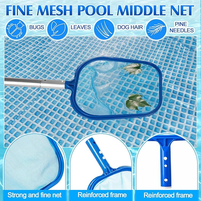 Potchen 4 Pcs Pool Cleaning Kit for Above Ground, Includes Vacuum Head, Brush Head, Mesh Skimmer Net and Pool Chlorine Floater, Perfect for Spa Hot Tub Walls Floors Maintenance(Round Corner)