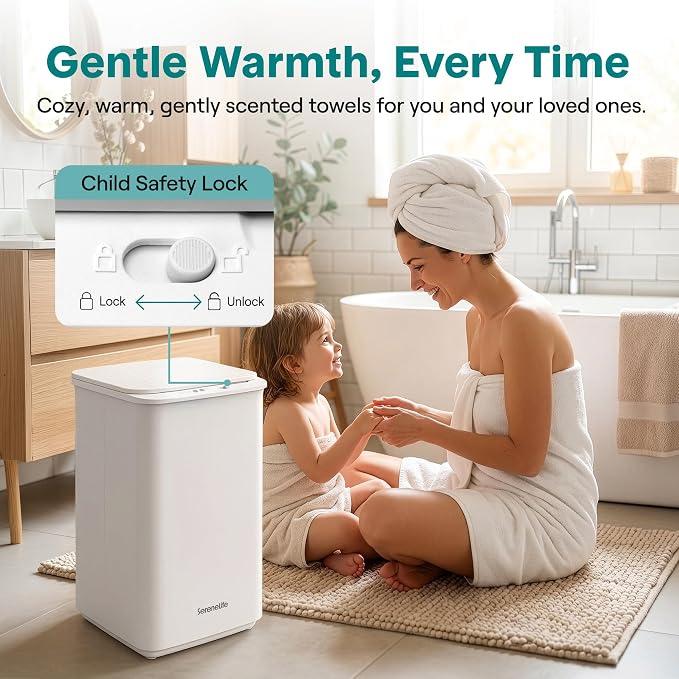 SereneLife Luxury Towel Warmer for Bathroom - Heated Towel Warmer Bucket, Auto Shut Off, Fits Up to Three 40"X70" Oversized Towels, Bathrobes, Blankets, Spa Gift, Scent Disc Included, White
