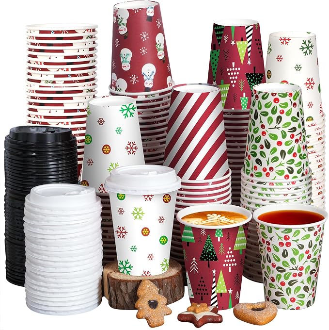 Hallswl 100 Pieces 12 oz Christmas Paper Cups with Lids, Disposable Coffee Cups for Cold Beverage Hot Drinking,Snowflake Tree Stripes Holly Berry Snowman Pattern Cup for Christmas Decorations