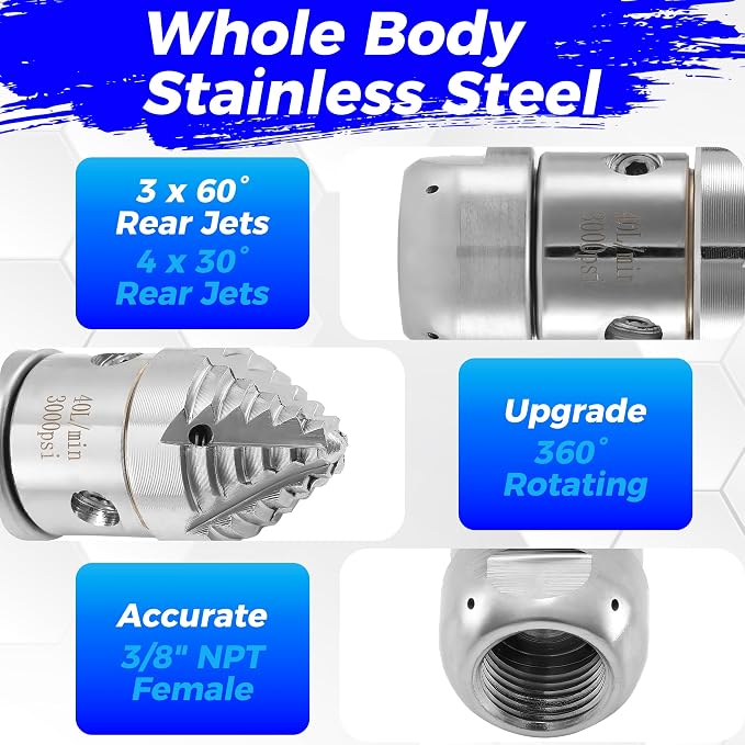 Tool Daily 3/8” NPT Sewer Jetter Rotating Nozzle, Pressure Washer Sewer Nozzle for Drain, Pipe Cleaning, Stainless Steel, 40 L/Min, 3000 PSI