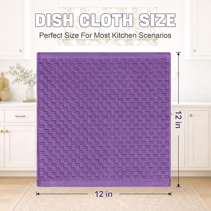 Homaxy 100% Cotton Terry Kitchen Dish Cloths, Ultra Soft Absorbent Dish Towels with Hanging Loop, Pineapple Grid Designed, 12 x 12 Inches, 6-Pack, Purple