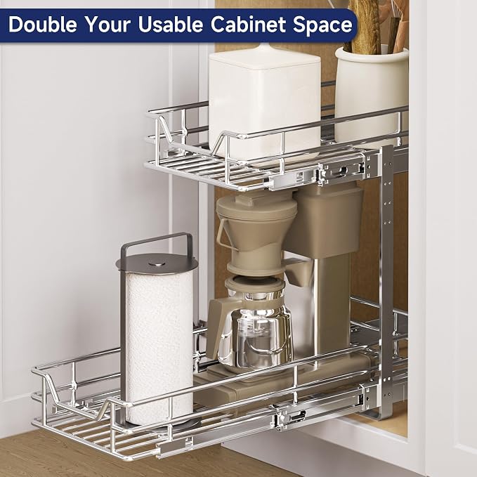 2-Tier Pull Out Cabinet Organizer, 9" W x 21.5" D, Heavy Duty Dual Slide Out Shelves for Narrow Base Cabinets, Chrome Wire Basket Drawer for Spices, Bottles & Snacks