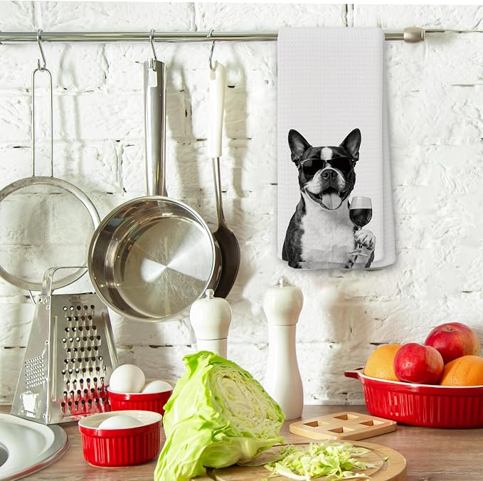 Funny Boston Terrier Wine Kitchen Towels, Gifts for Dog Wine Lovers, Bar Accessories Dish Tea Towels for Kitchen, Dog Owners Housewarming Gift Decorative Hand Towel 16x24 Inch