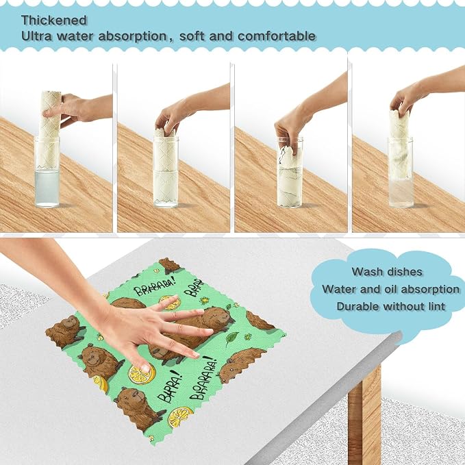 Mint Green Capybara and Lemon Kitchen Towels Dish Cloths Set of 6 Microfiber Cleaning Cloths for Cars Super Absorbent Machine