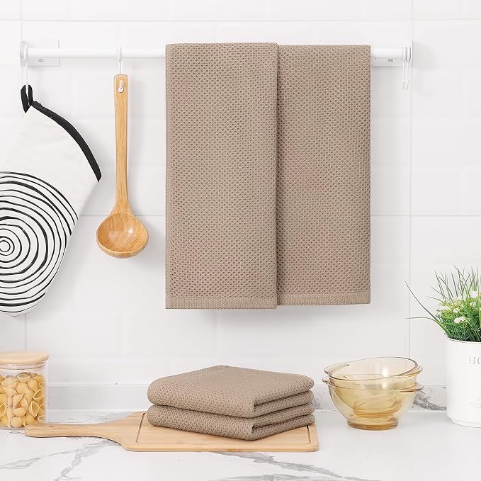 Kitinjoy 100% Cotton Waffle Weave Kitchen Hand Towels (13 X 28 Inches, Tan), 8-Pack Super Soft and Absorbent Dish Towel for Drying Dishes