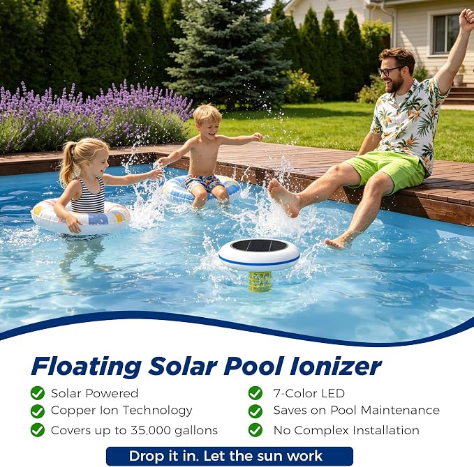 Solar Pool Ionizer with Multi-Color LED Light – Floating Copper Pool Ionizer with Large Solar Panel & Durable Anode for Above Ground & Inground Pools Up to 35,000 Gallons
