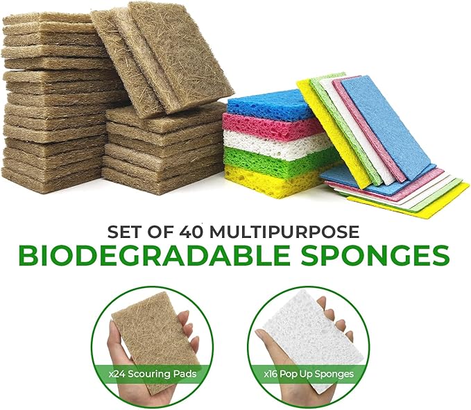 AIRNEX Biodegradable Scrubbing Pads for Dishes - Pack of 24 Coconut Fiber Scrub Pads for Dishes - Non Scratch Scouring Pads for Pots and Pans with Pack of 16 Cellulose Compressed Sponges