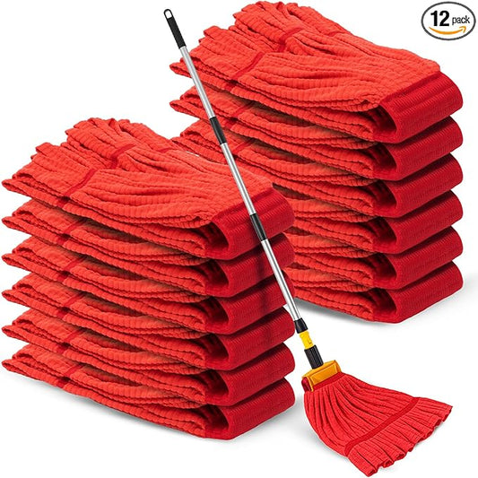 Hushee 12 Pack Large Microfiber Tube Mop Heads 18 oz Heavy Duty Commercial Industrial Wet Mop Head Refill Reusable Machine Washable Looped End Mopheads for Hardwood, Tile, Laminate Floors (Red)