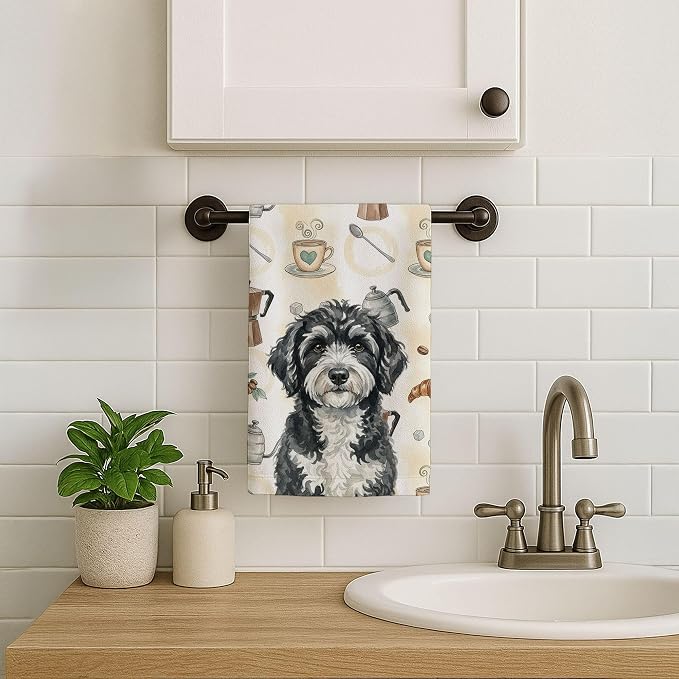 Caroline's Treasures Portuguese Water Dog Coffee Bar Kitchen Towel Velour Plush Front and Cotton Loop Back Machine Washable