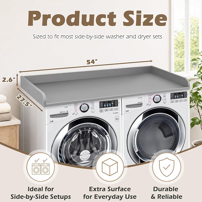 Royxen Washer Dryer Countertop with Solid Wood Core,54“W x 27.5D Laundry Countertop with Edge Rails,Washer and Dryer Topper for Laundry Room Organization (Grey)