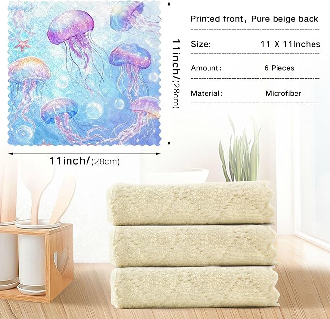 Marine Jellyfishes Starfish and Bubbles Kitchen Towels Dish Cloths Set of 6 Microfiber Cleaning Cloths for Cars Super Absorbent Machine