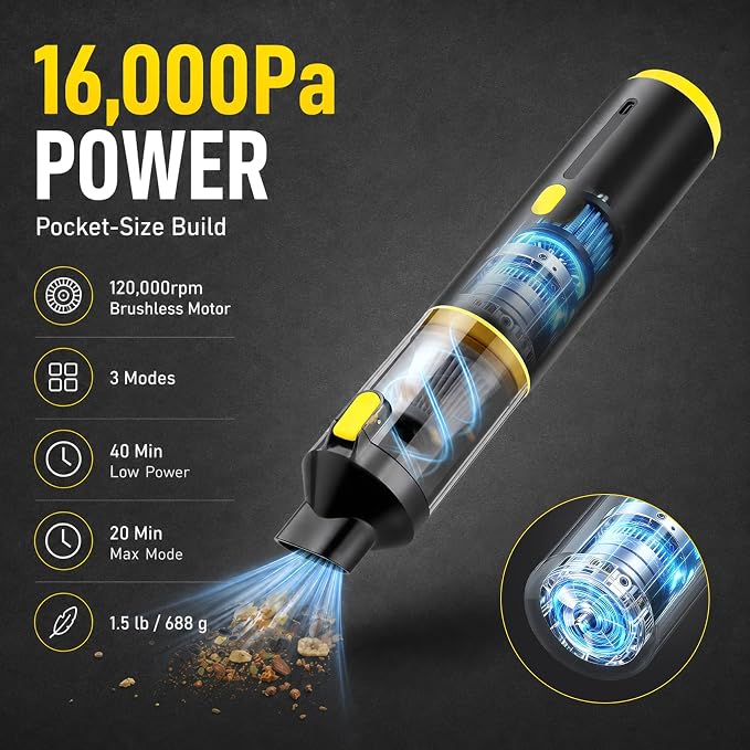CROS Handheld Car Vacuum Portable Cordless 3 Suction Modes, 16000Pa 4-in-1 Mini Vacuum with Interchangeable Accessories for Car, Small Jobs, Keyboard and Office