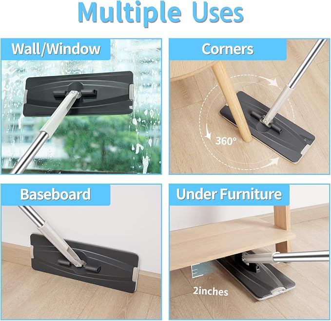 Lascpt Flat Mop and Bucket with Wringer Set, 3-Chamber Design Separates Dirty and Clean Water, Wet and Dry Use, Automatic Wringing Home Floor Wall Cleaning Mop, 4 Reusable Microfiber Mop Pads