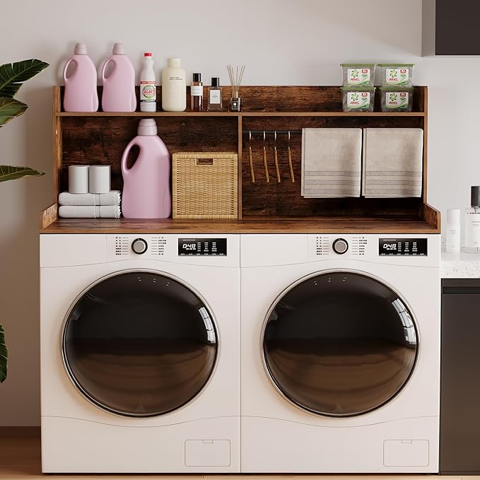Unionly 2-Tier Washer Dryer Countertop with Clothes Rail，Laundry Topper with Edge and Non-Slip Pad for Washer and Dryer Laundry Hamper Counter Storage Organization (Rustic Brown, Full)