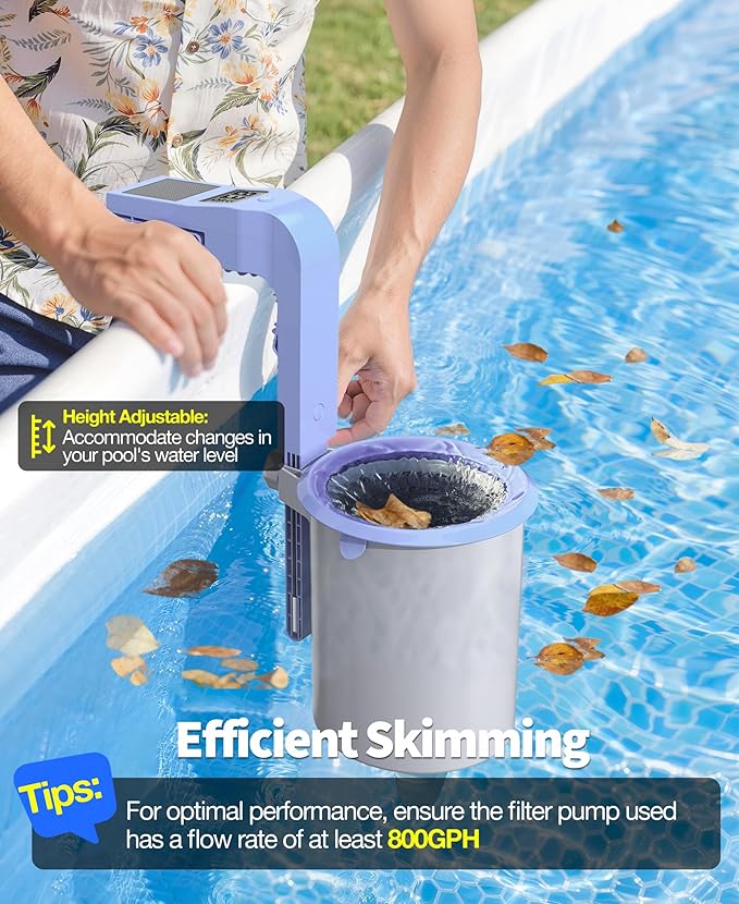 DeeprClean Newly Above Ground Pool Skimmer with Solar Digital Thermometer, Wall Mount Surface Skimmer with Adjustable Height Bracket, Auto Skimming for Pool Surface Floating Leaves & Debris-Lavender