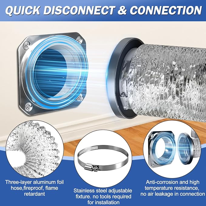 DVC-180 Magnetic Dryer Vent Connector Kit, 4 Inch Quick Connect Dryer Hose Coupling with 3.3ft Flexible Duct & 2 Clamps - Strong Airtight Seal for Easy Cleaning, Dark Silver