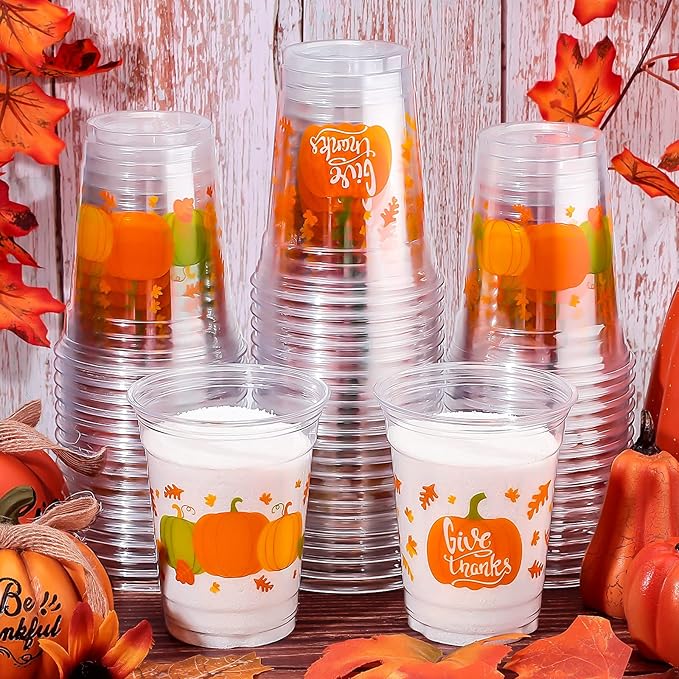 Meanplan 100 Pcs Thanksgiving Plastic Cups Bulk 12oz Fall Disposable Cups Autumn Pumpkin Leaf Turkey Clear Drinkware Tumblers Coffee Juice Wine Glasses Harvest Wedding Party Supplies(Pumpkin)