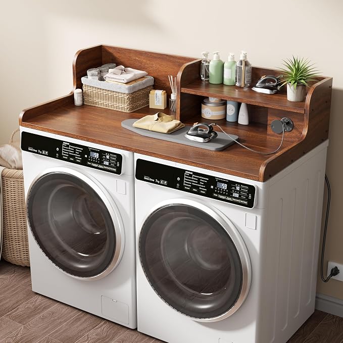DTK Washer Dryer Countertop with Charging Station, 2 Tier Laundry Countertop with Anti-Slip Strips, 27.55" Depth x 54" Width, Wood Dryer Cover with Shelf, Walnut