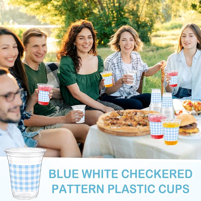 Qinyoung Checkered Plastic Cups 12oz Gingham Party Disposable Cups Bulk Drinking Cup for Cold Drinks Baby Shower Wedding Summer Birthday Party Supplies(Blue and White,100 Pcs)