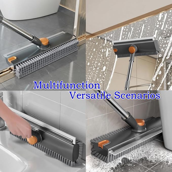 4 in 1 Floor Scrub Brush with Squeegee Long Handle Grout Brush 52'' 2026 Upgraded Multi-Functional Stiff Bristle Cleaning Scrub Brush Rotating Tile Brush for Cleaning Bathroom Patio, Pool, Garage