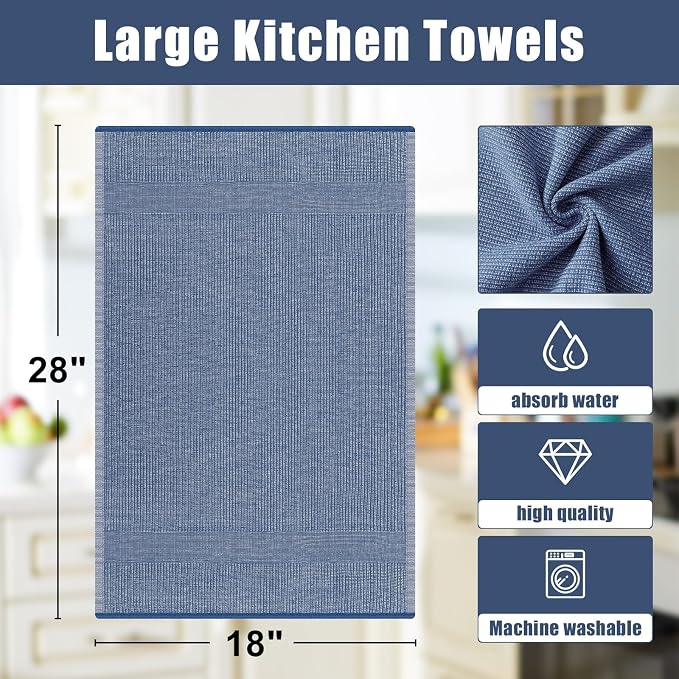 Homaxy Premium Kitchen Towels(18”x 28”, 3 Pack), Large Cotton Kitchen Hand Towels, Flat and Terry Dish Towels, 380 GSM Highly Absorbent Tea Towel Set with Hanging Loop, Navy Blue/Red/Green