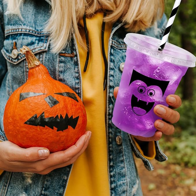 Whaline 60 Pcs Halloween Disposable Plastic Cups with Lids and Straws 12 oz Vampire Monster Ghost Pumpkin Cold Beverage Drinking Cups for Birthday Party Favors