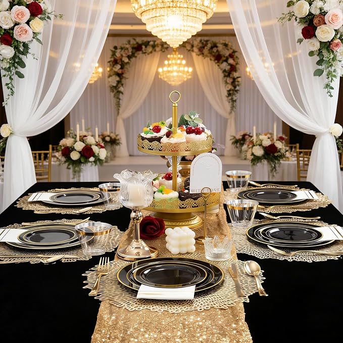 GATHER 350PCS Black Plastic Plates - Black and Gold Disposable Dinnerware Set Include 100 Plates, 150 Gold Silverware, 50 Napkins, 50 Cups for Party & Wedding & Birthday