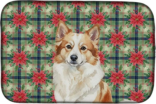 Caroline's Treasures Tan Icelandic Sheepdog Christmas PoinsettIas Dish Drying Mat Absorbent Dish Drying Mat Pad for Kitchen Counter Dish Drainer Mat for Countertop, 14 x 21", Multicolor