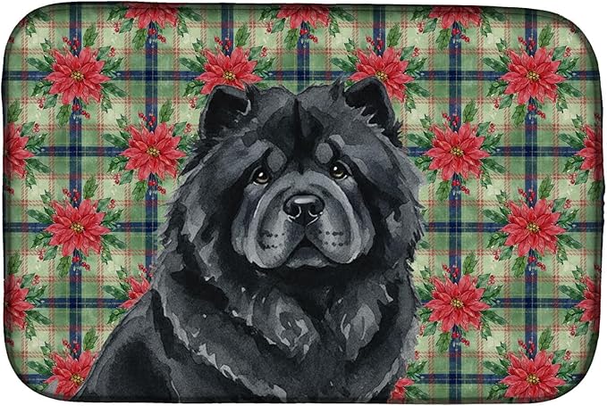 Caroline's Treasures Black Chow Chow Christmas PoinsettIas Dish Drying Mat Absorbent Dish Drying Mat Pad for Kitchen Counter Dish Drainer Mat for Countertop, 14 x 21", Multicolor
