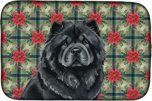 Caroline's Treasures Black Chow Chow Christmas PoinsettIas Dish Drying Mat Absorbent Dish Drying Mat Pad for Kitchen Counter Dish Drainer Mat for Countertop, 14 x 21", Multicolor