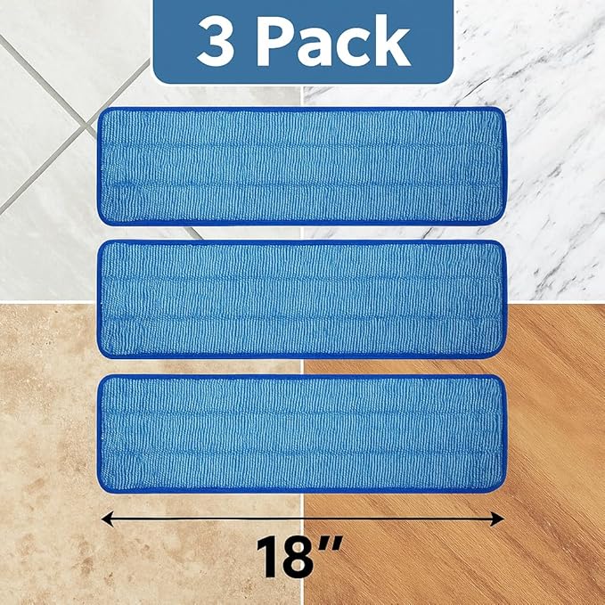 3 Pack of 18 inch Microfiber Mop Pad Universal for Commercial/Industrial/Professional use. Fits 16-18 Inch Heads Heavy Duty Wet & Dry Cleaning Reusable Mop Refills Fit for Most Flat Mops