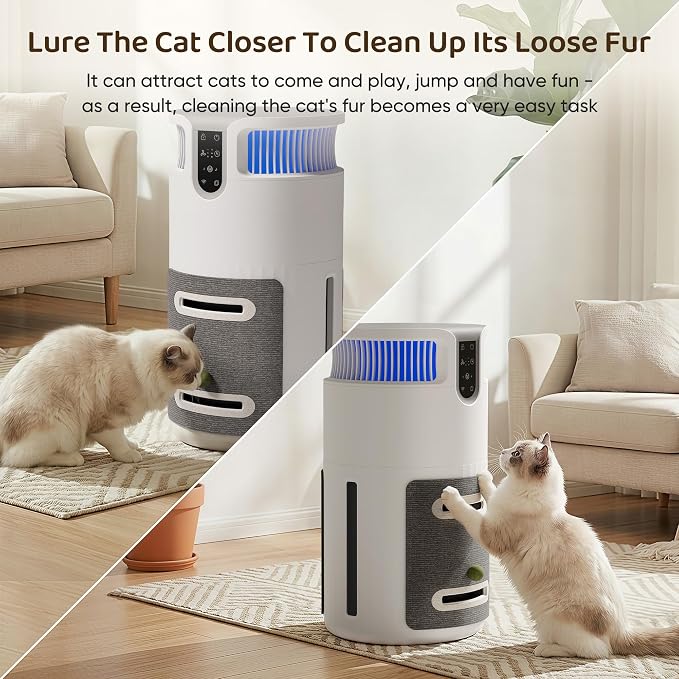 Greesum Pet Air Purifier for Cats, 320m³/h CADR Smart Air Cleaner with Cat Scratcher & Catnip Ball, 4-Color PM2.5 Indicator, App Control, Child Lock, Washable Body, Odor & Pet Hair Removal for Home