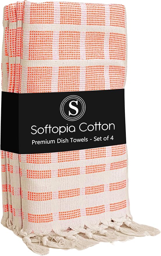Matrix Dobby Kitchen Towels 4 Pack 100% Cotton, 16x26 Inches, Decorative Tea Towels with Handmade Tassels, Absorbent, Reusable Dish Cloths for Drying Dishes - Bright Orange, Natural