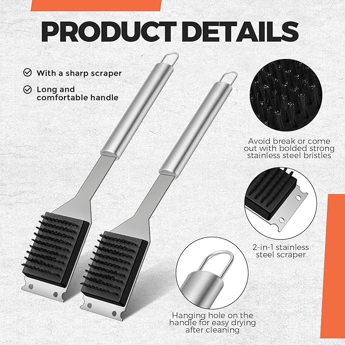 Nuogo 4 Pcs Grill Brush and Scraper 15.8'' Outdoor Stainless Steel Cleaning BBQ Accessories Grill Brush Ideal Gift for Men