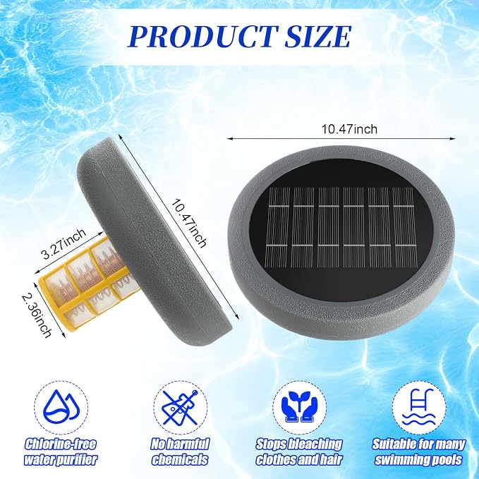 Qualirey Solar Pool Ionizer, Up to 45,000 Gallons,Floating Solar Copper Ionizer, Reduces Chlorine Use by 90%, with 4 Scum Absorber Balls for Above Ground Inground Pools Spas(Grey,Round)